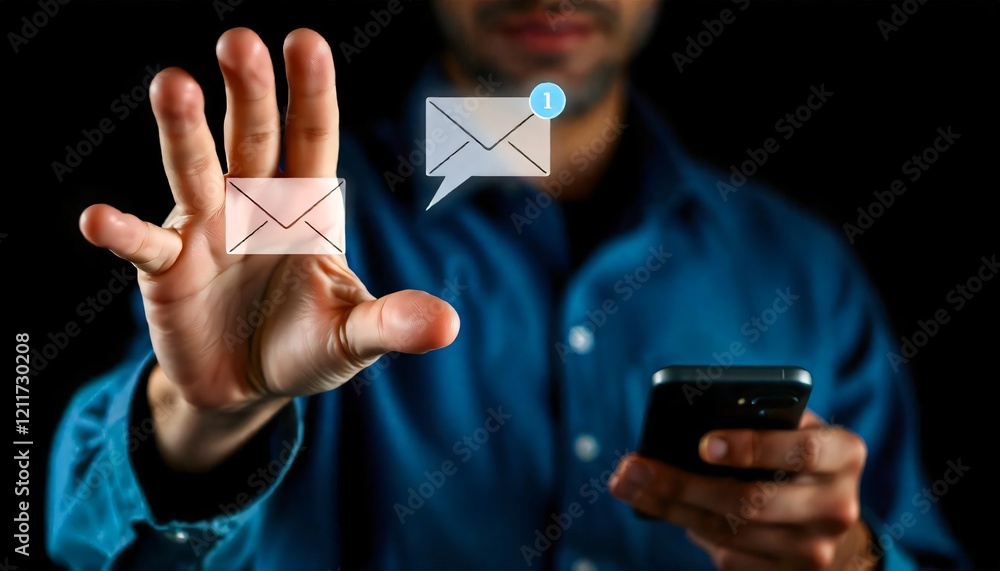 Poster man using smartphone receiving email notifications digital communication concept