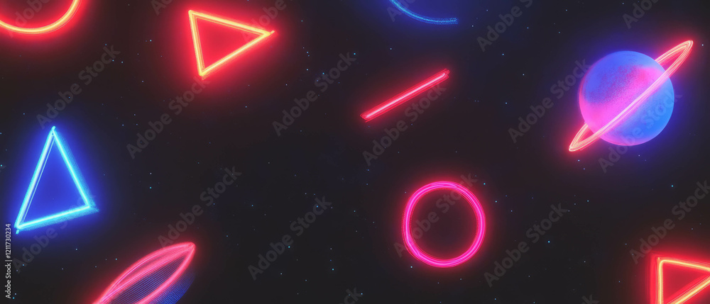 Poster Vibrant neon lights with geometric shapes creating a colorful abstract display