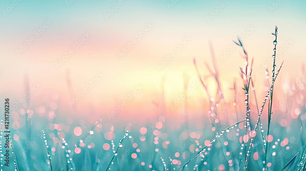 Poster Pastel spring idea. A serene field with dewdrops reflecting soft light at dawn, creating a tranquil atmosphere.