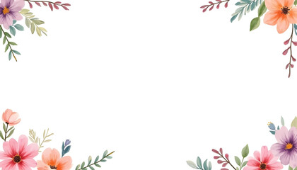 Fototapeta premium A seamless watercolor floral border with a variety of vibrant flowers and subtle greenery, designed to frame text or images on a white background