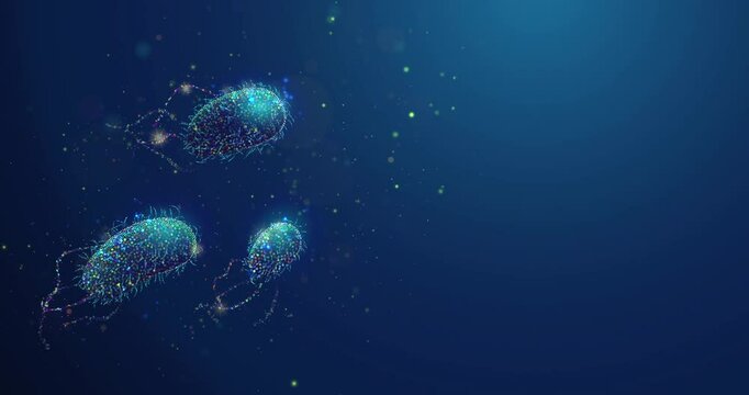 Abstract animation of rod-shaped bacteria cells made of glowing neon particles. Microbiome cell screening and disease analysis animated medical concept on blue background with copy space on the side