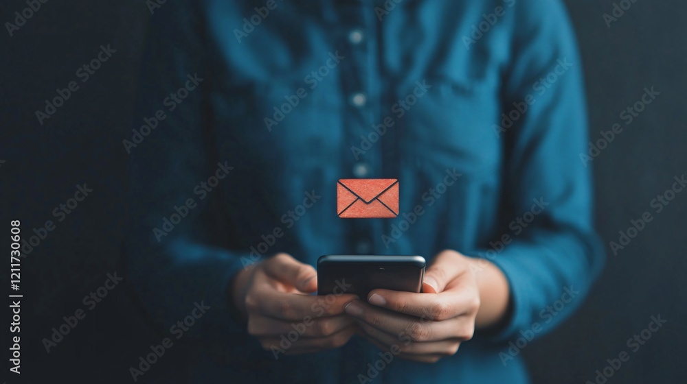 Poster person receiving email notification on smartphone digital communication message inbox