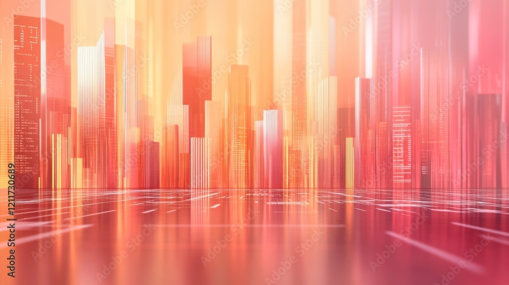 Poster bright gradient d bars rising from a digital floor with soft reflections, creating a futuristic data