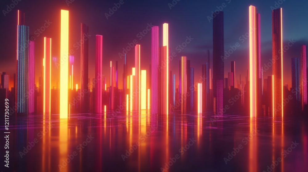 Poster bright gradient d bars rising from a digital floor with soft reflections, creating a futuristic data