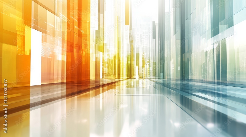 Poster bright gradient d bars rising from a digital floor with soft reflections, creating a futuristic data