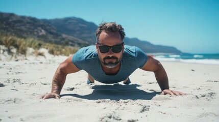 Man doing push-ups on a sunny beach, focused expression, fitness discipline, outdoor health goals, vibrant scenery, active lifestyle.