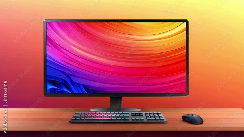 Poster modern desktop computer setup with colorful screen and stylish accessories