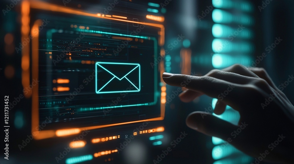 Aufkleber futuristic digital interface showing email message hand interacting with neon holographic display