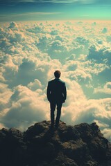 Fototapeta premium A man walking on clouds under a blue sky, creating a surreal and dreamlike scene, inspiration