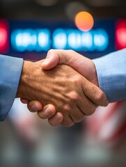 Formal Handshake Between Politicians Overlooking Global Trade Metrics