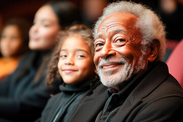 Obraz premium Smiling elderly man with his granddaughter at the theater, enjoying a joyful moment of bonding and shared experience. 