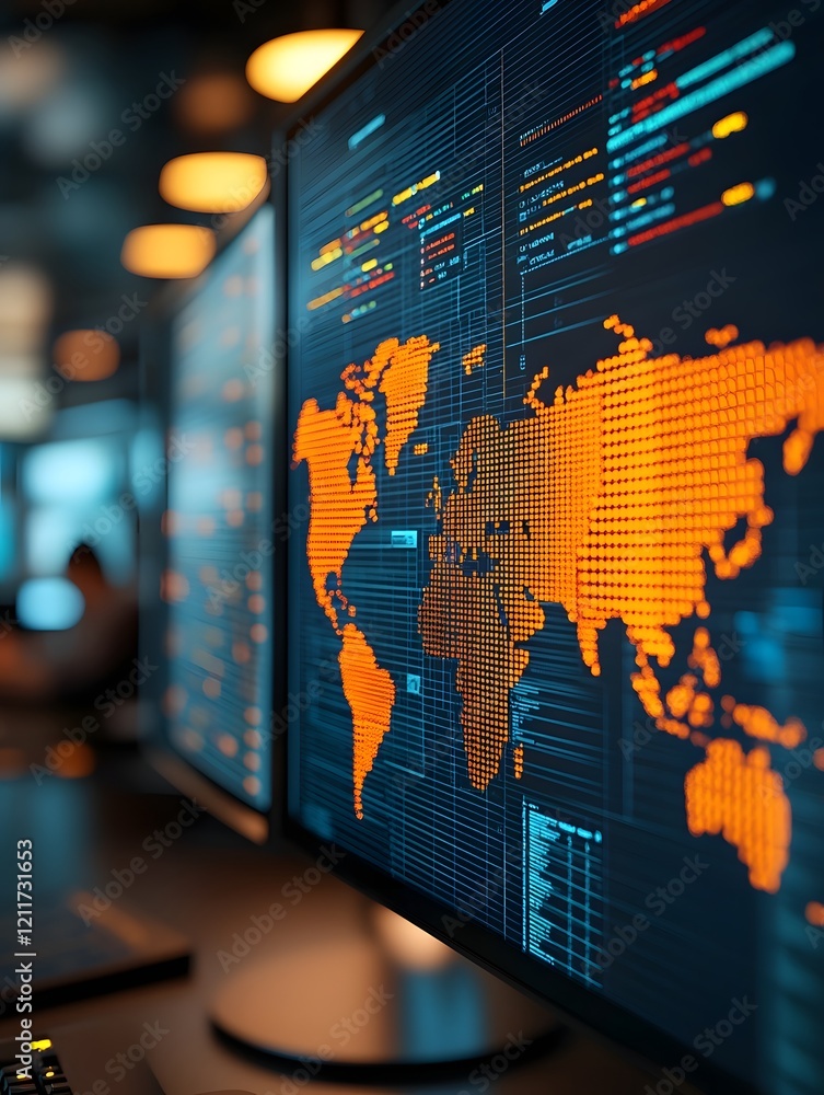 Poster global supply chain control room with live shipment tracking and optimization data on futuristic