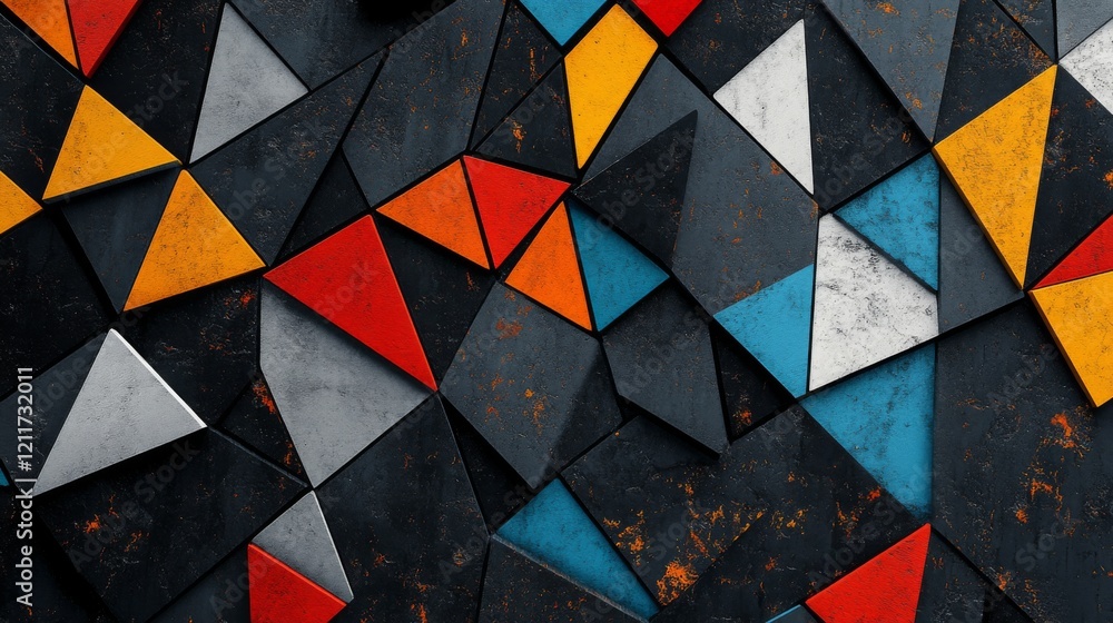 Poster collection of abstract triangle shapes in bold colors, forming a vibrant, layered pattern with depth