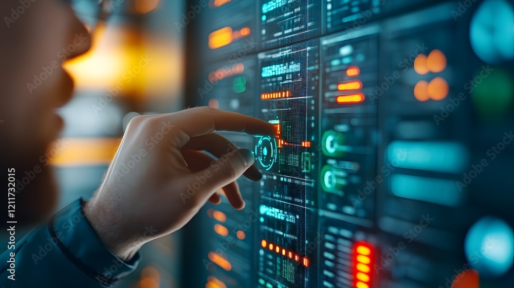 Poster robotic assistant helping cybersecurity specialist detect vulnerabilities on futuristic digital
