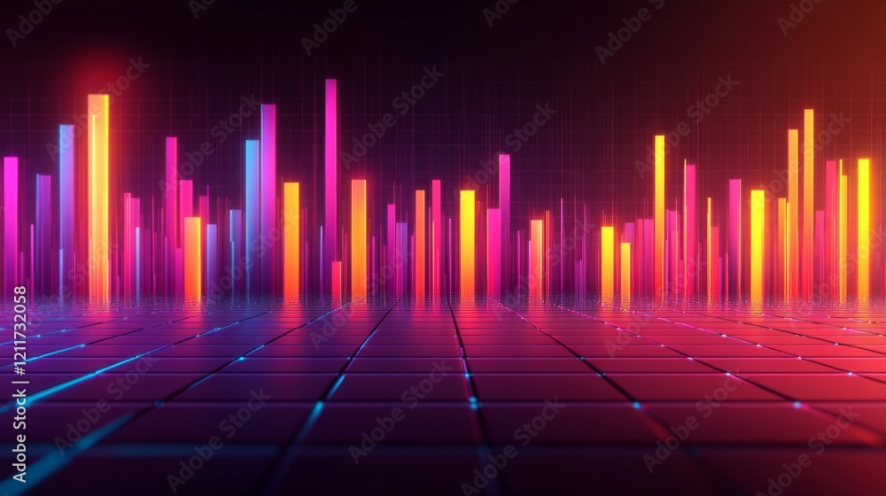 Fototapete Colorful D bars rising from a digital grid floor, with subtle lighting and a gradient background to create a dynamic visual