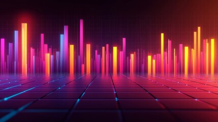 Colorful D bars rising from a digital grid floor, with subtle lighting and a gradient background to create a dynamic visual
