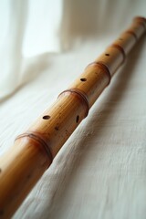 Naklejka premium Bamboo shakuhachi flute rests on fabric.