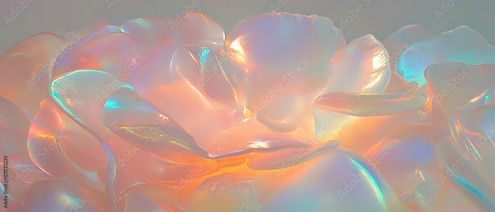 Poster captivating textures and subtle hues of opalescent glass illuminated by soft glowing light