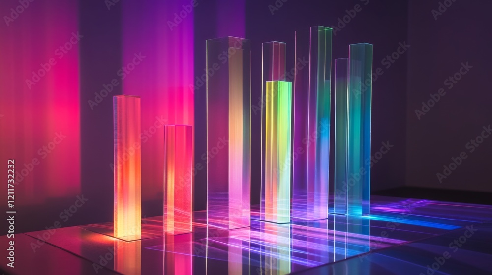 Poster colorful d bar graph with tall, transparent bars on a reflective surface, casting shadows and illumi