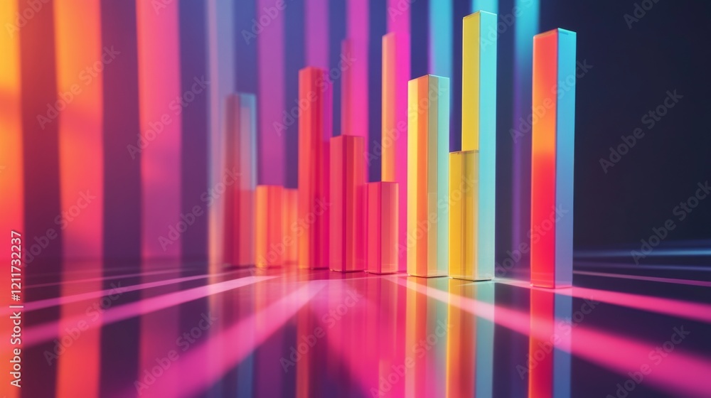 Poster colorful d bar graph with tall, transparent bars on a reflective surface, casting shadows and illumi
