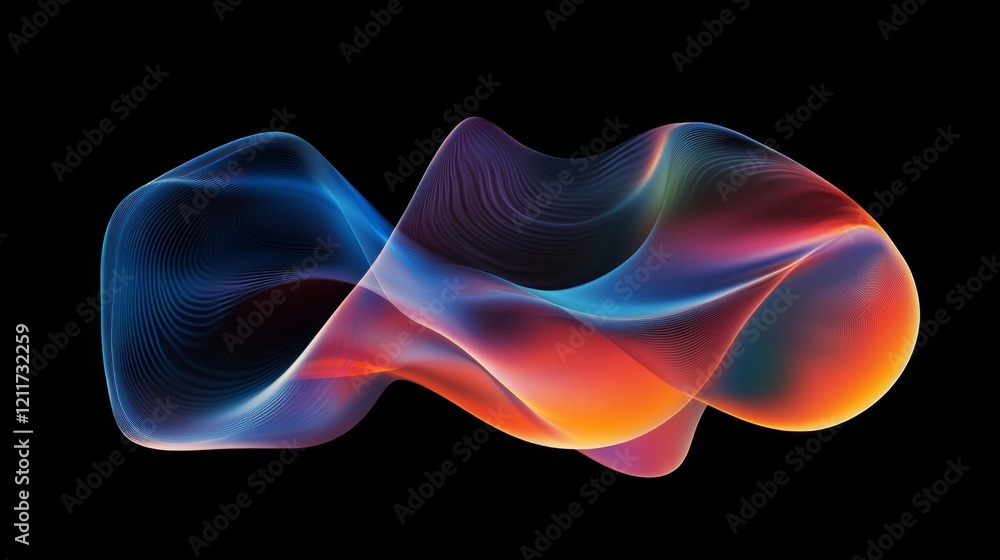 Poster colorful wave patterns with gradient effects, creating fluid, dynamic lines across a black backgroun