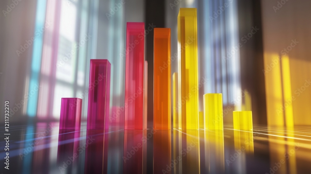 Poster colorful d bar graph with tall, transparent bars on a reflective surface, casting shadows and illumi