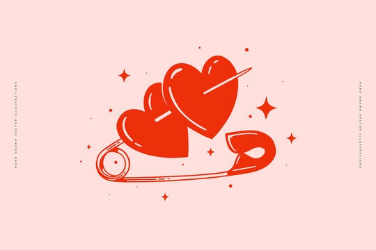 Illustration of two hearts pierced by a safety pin, with sparkles around, in a minimalist retro style. Ideal for designs related to love, punk aesthetics, or alternative fashion.