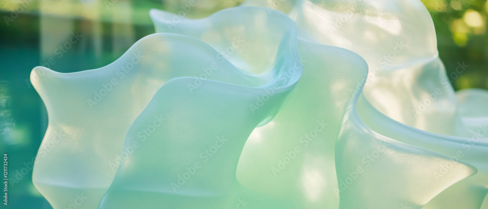 Poster flowing shapes of organic frosted glass with diffused light creating a serene atmosphere