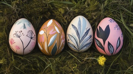 Hand-painted easter eggs with floral designs on grass