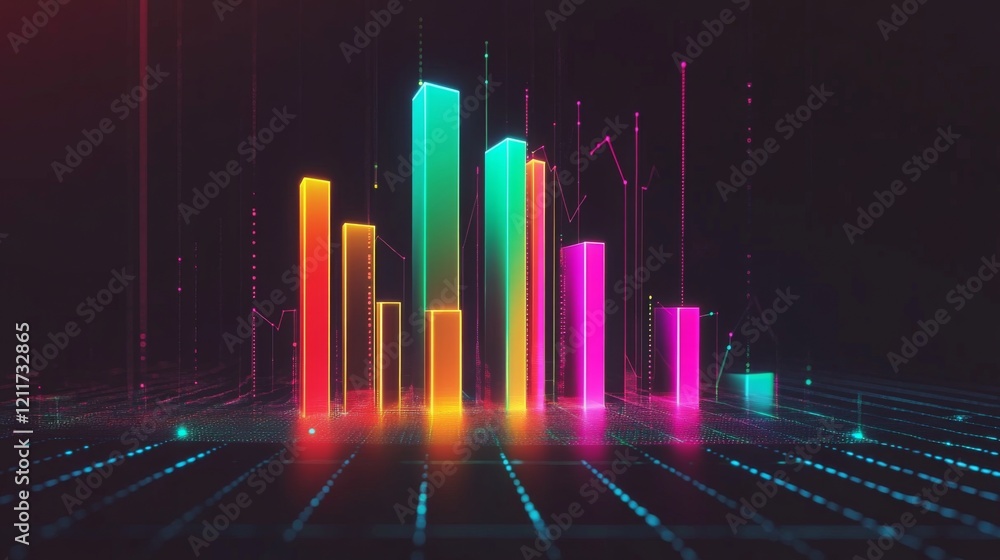 Leinwandbilder dark-themed d bar chart with neon-colored bars and a digital grid base, capturing a futuristic data 