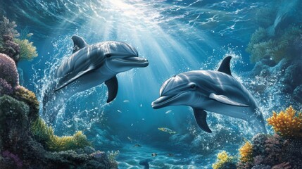 Obraz premium Dolphins interacting and splashing near the waters surface, showing their playful and social nature in the deep blue sea