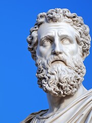 Obraz premium Marble Statue of Bearded Philosopher Against Clear Blue Sky Background
