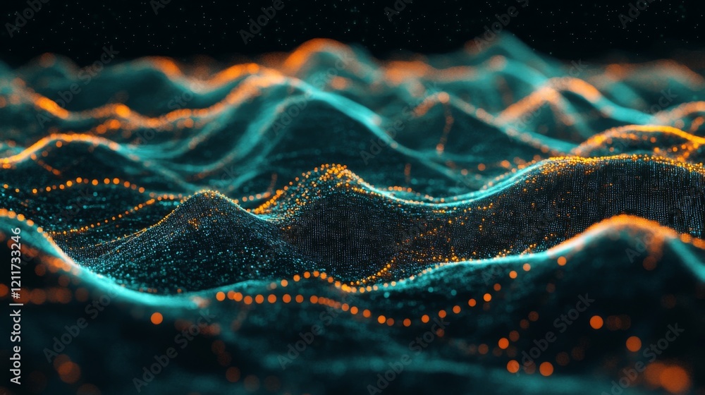 Fototapete Dynamic data wave in vibrant neon colors, representing digital information flow on a black background for a futuristic, tech-inspired look