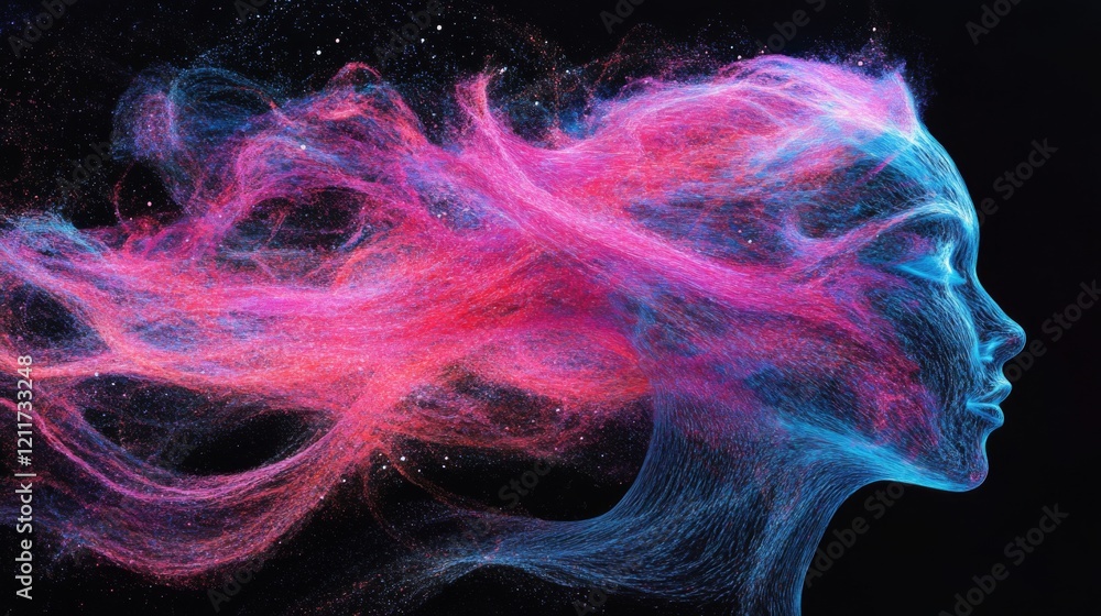 Fototapete dynamic data wave in vibrant neon colors, representing digital information flow on a black backgroun