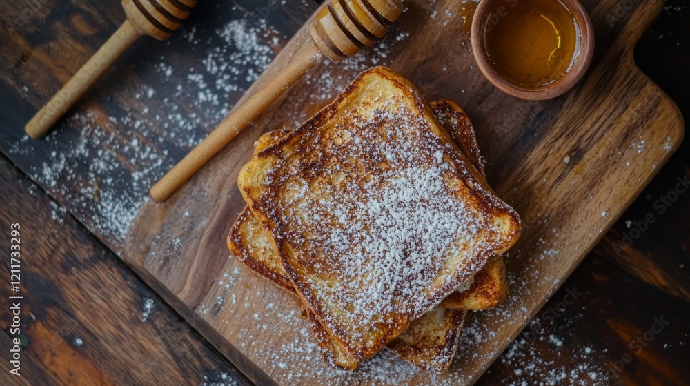 Poster fluffy cinnamon toast dusted with powdered sugar, with a small dish of honey on the side for a warm 
