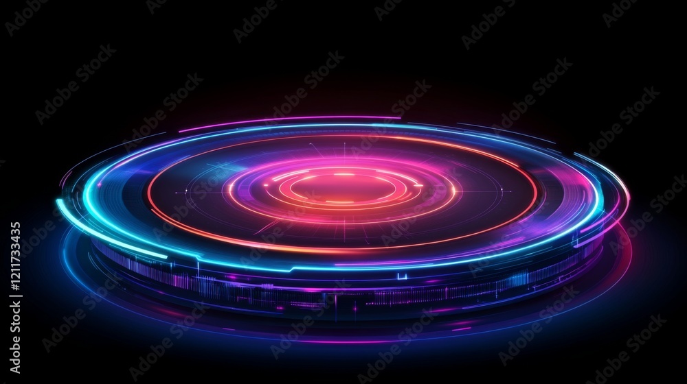 Fototapete futuristic radar-style circular graphic with bright neon lines and rotating elements on a dark tech-