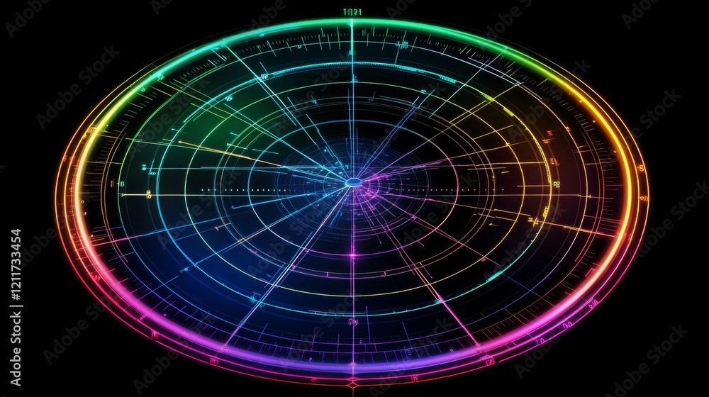 Fototapete Futuristic radar-style circular graphic with bright neon lines and rotating elements on a dark tech-inspired background