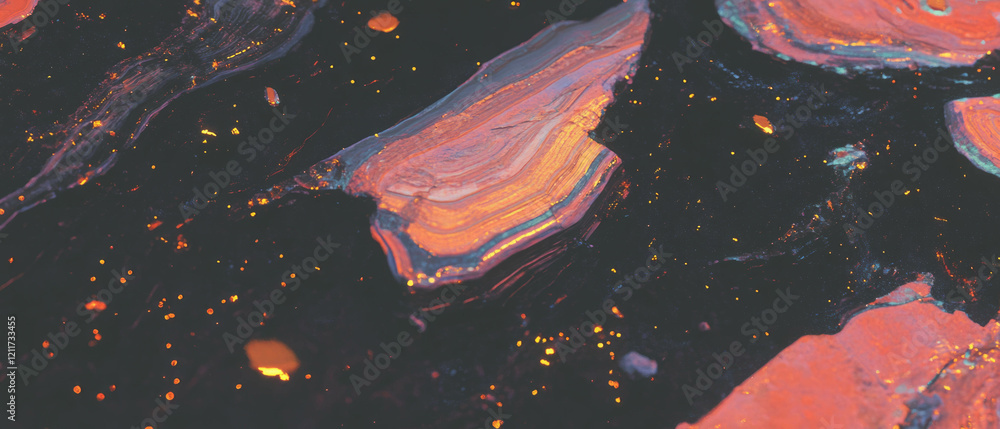 Poster exploring the intricate patterns and textures of petrified wood with glittering gold accents