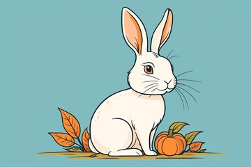 Fototapeta premium a cartoon rabbit sitting in the grass with leaves and pumpkins