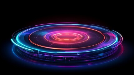 Futuristic radar-style circular graphic with bright neon lines and rotating elements on a dark tech-inspired background