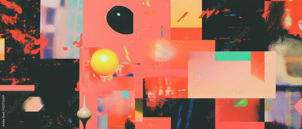 Poster Exploration of pixelated patterns and geometric shapes in vibrant color palettes