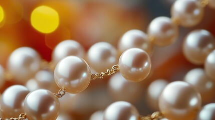 Lustrous pearl necklace, golden chain, soft focus.