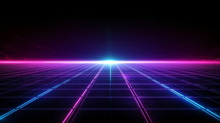 Vibrant pink and blue neon grid with glowing horizon, set against a dark starry background. Great for retro or cyberpunk projects.