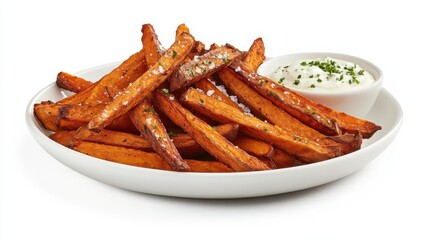 A plate of crispy sweet potato fries with a sprinkle of sea salt and a side of creamy chipotle dipping sauce, Each fry’s caramelized sweetness and crunchy texture captured with precision