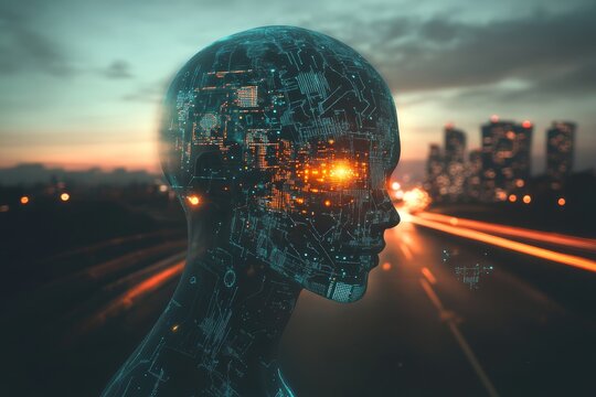AI humanoid profile, glowing circuits, city background.