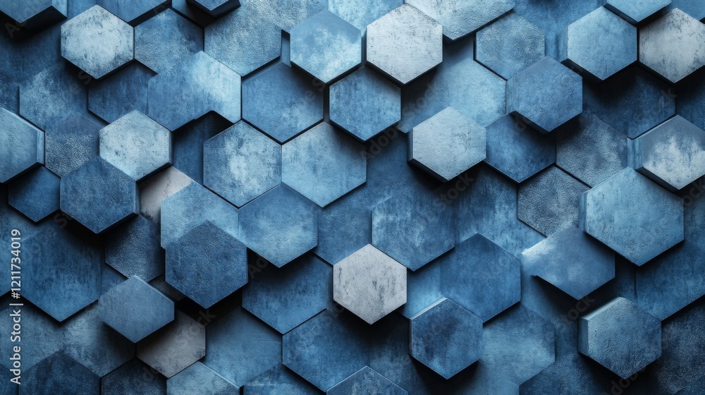 Poster hexagonal geometric patterns in cool blue tones, layered with shadows and textures for a modern, tec