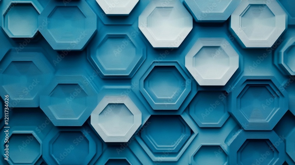 Poster Hexagonal geometric patterns in cool blue tones, layered with shadows and textures for a modern, tech-inspired graphic background
