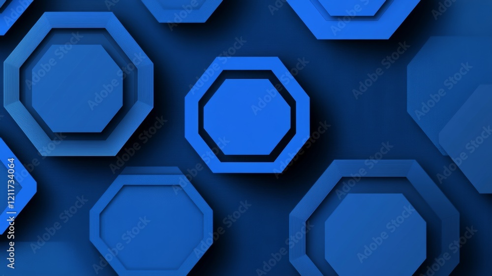 Poster hexagonal geometric patterns in cool blue tones, layered with shadows and textures for a modern, tec