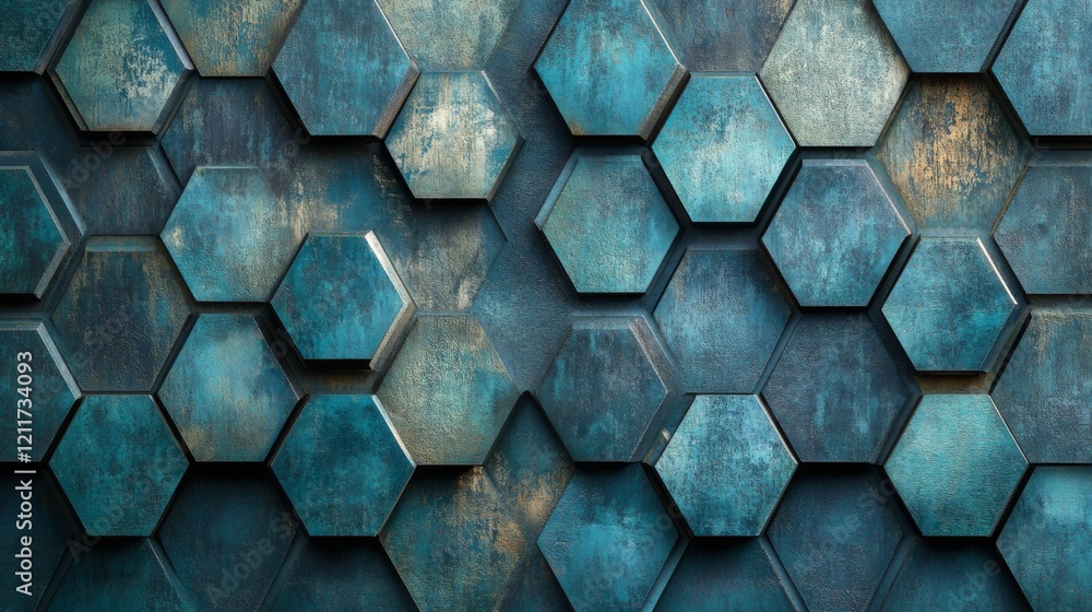 Poster hexagonal geometric patterns in cool blue tones, layered with shadows and textures for a modern, tec