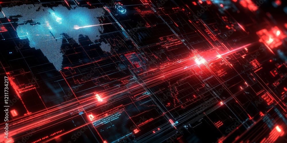 Aufkleber futuristic digital world map with red and blue data streams.